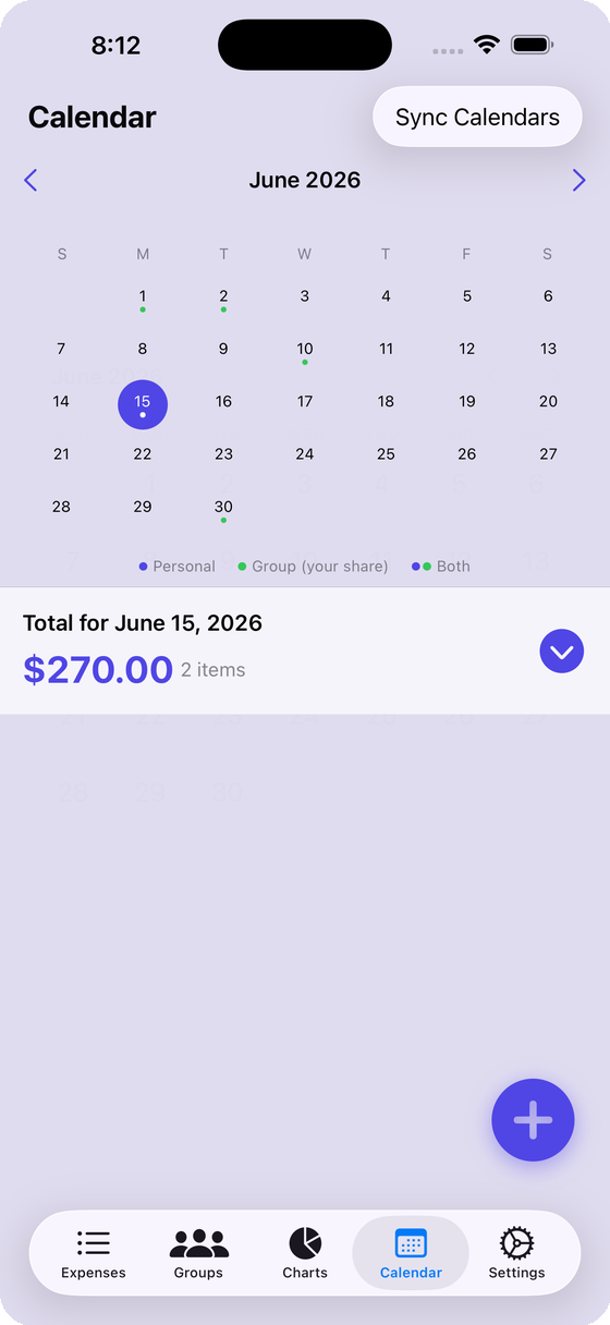Calendar and recurring bills screen
