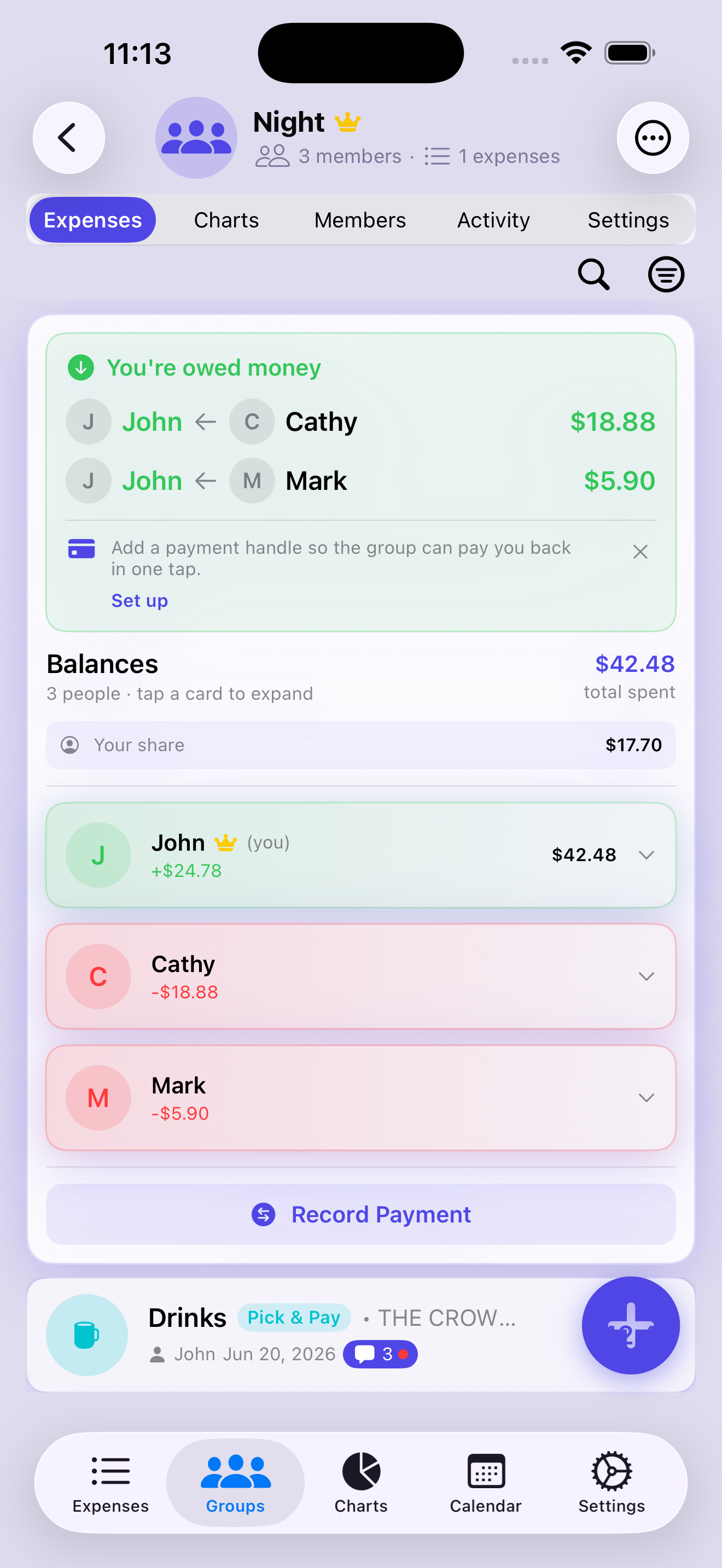 Group balances and expense list, with a comment badge on the Drinks expense