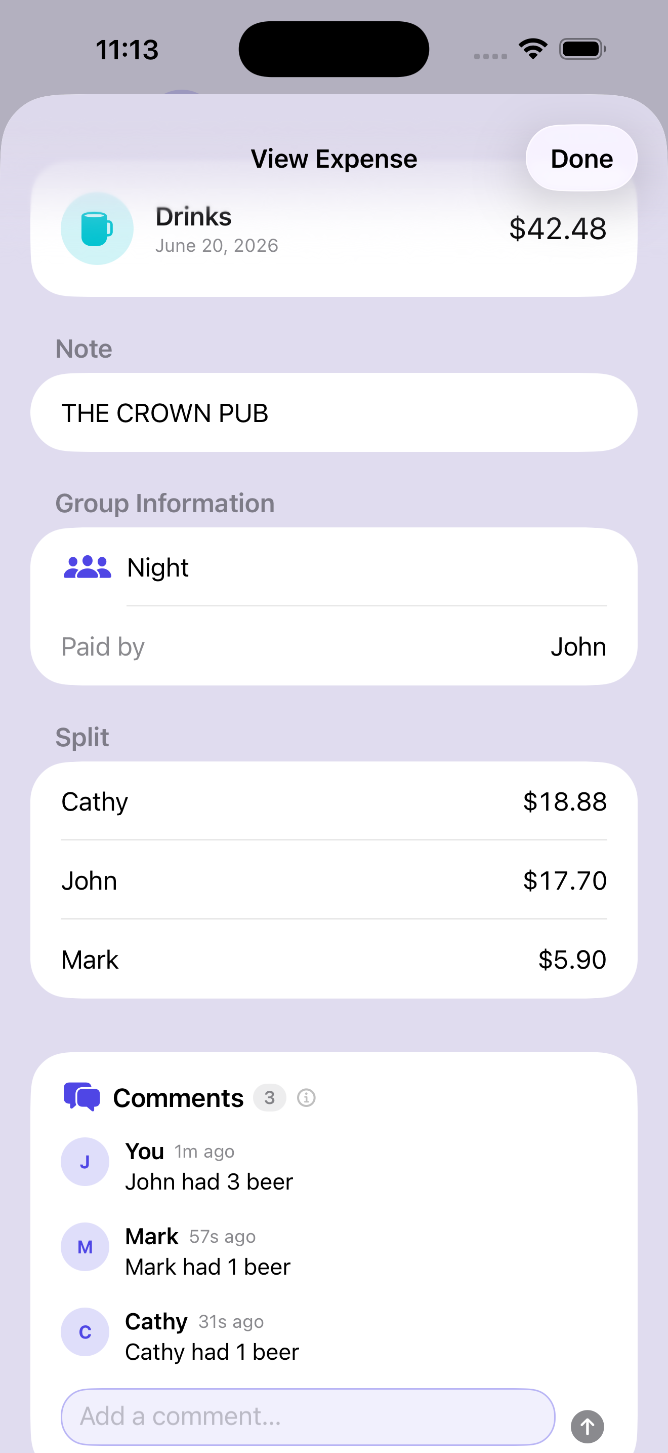 Comment thread on a group expense — John, you, and Cathy discussing the bill