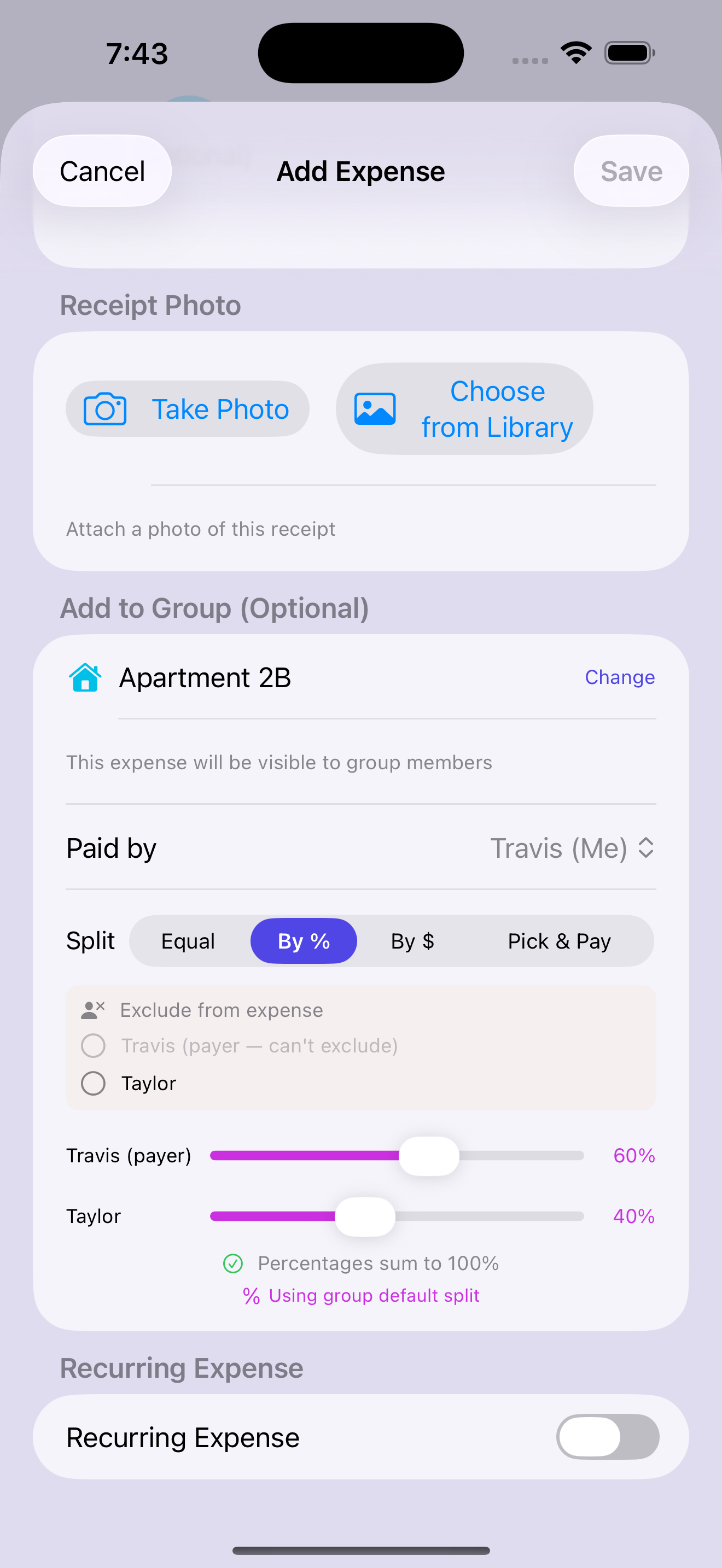 Add Expense screen with Split by % pre-filled to the saved 60/40 default, labeled Using group default split