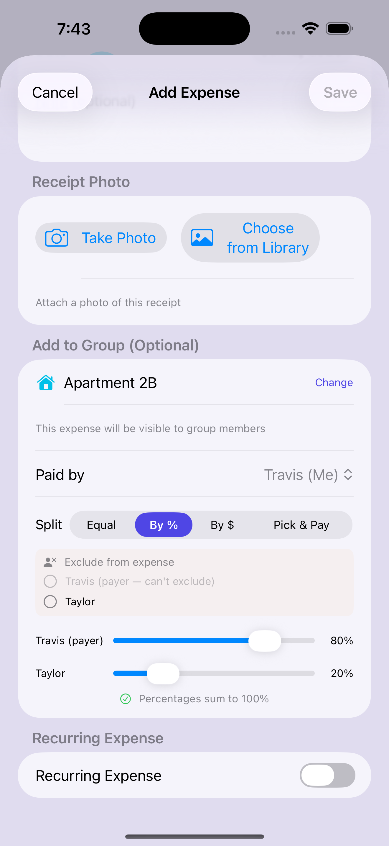 Add Expense screen with a one-off 80/20 split, sliders shown in blue to signal it differs from the saved default