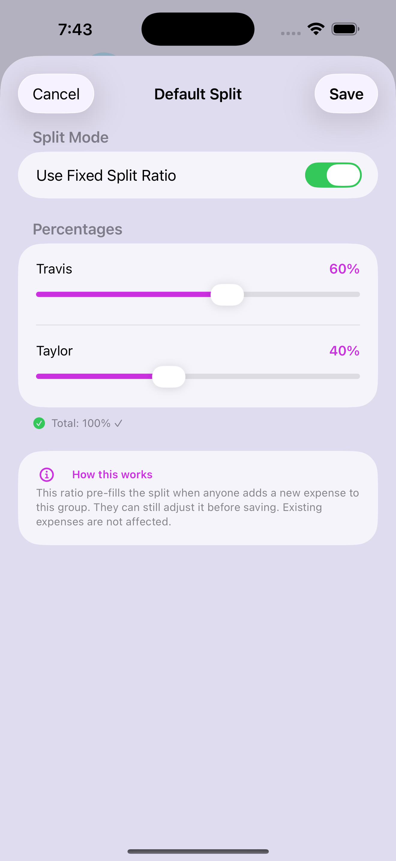 Default Split settings screen — Use Fixed Split Ratio toggled on, Travis at 60% and Taylor at 40%, total 100%