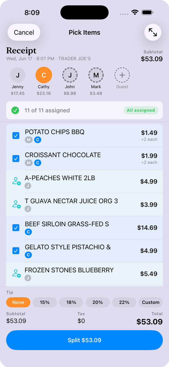 Pick & Pay — assigning receipt items to each person