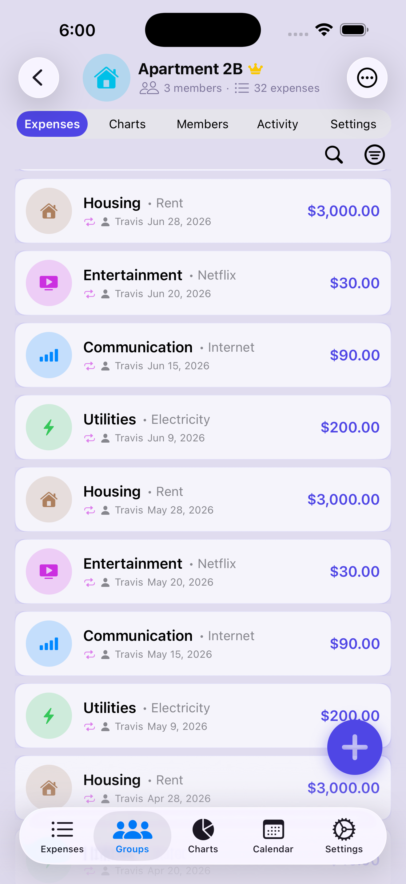 Apartment 2B expense list — rent, Netflix, internet and electricity repeating each month with recurring markers, from June back through April