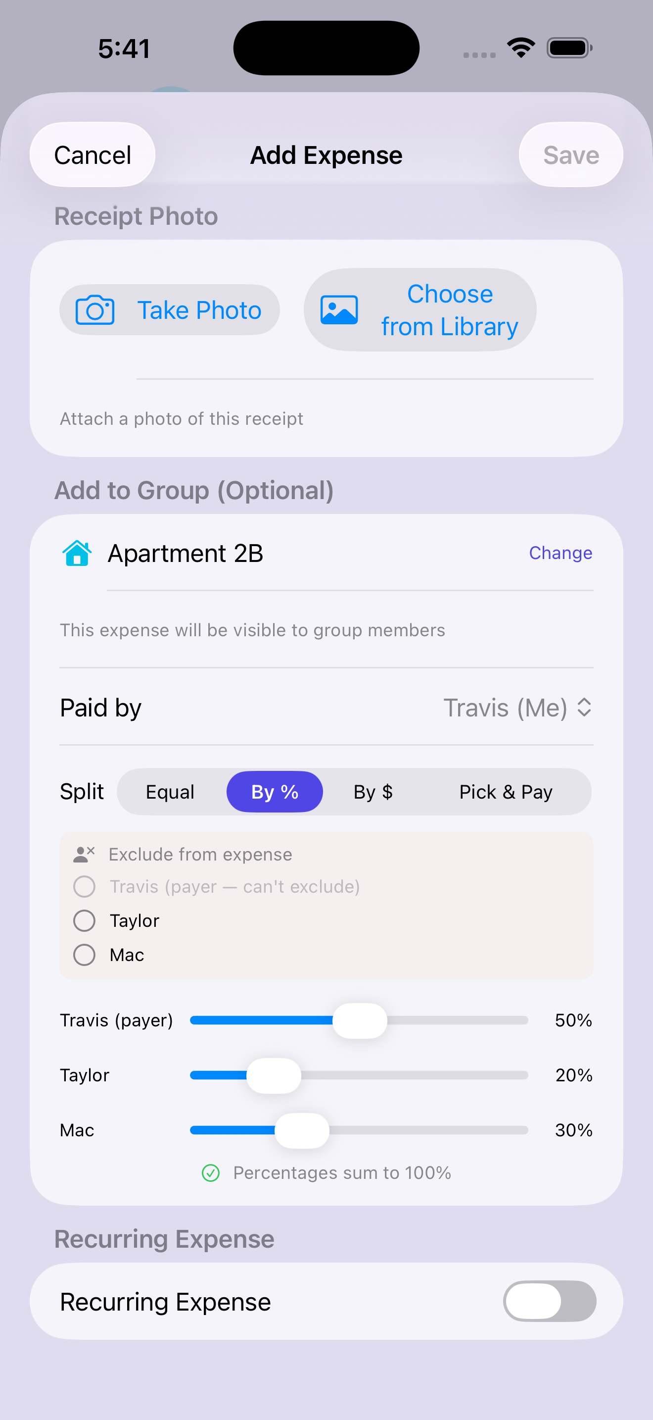 Add Expense for Apartment 2B — rent split by percentage between three roommates: Travis 50%, Taylor 20%, Mac 30%, totalling 100%