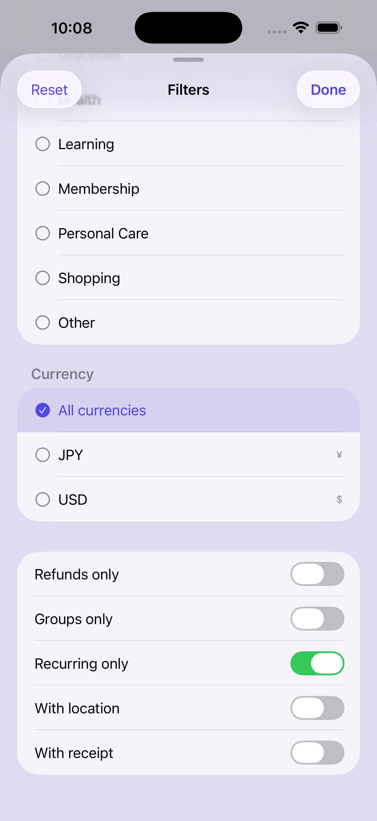 Search filters sheet with the Recurring only toggle switched on, so the expense list shows subscriptions only