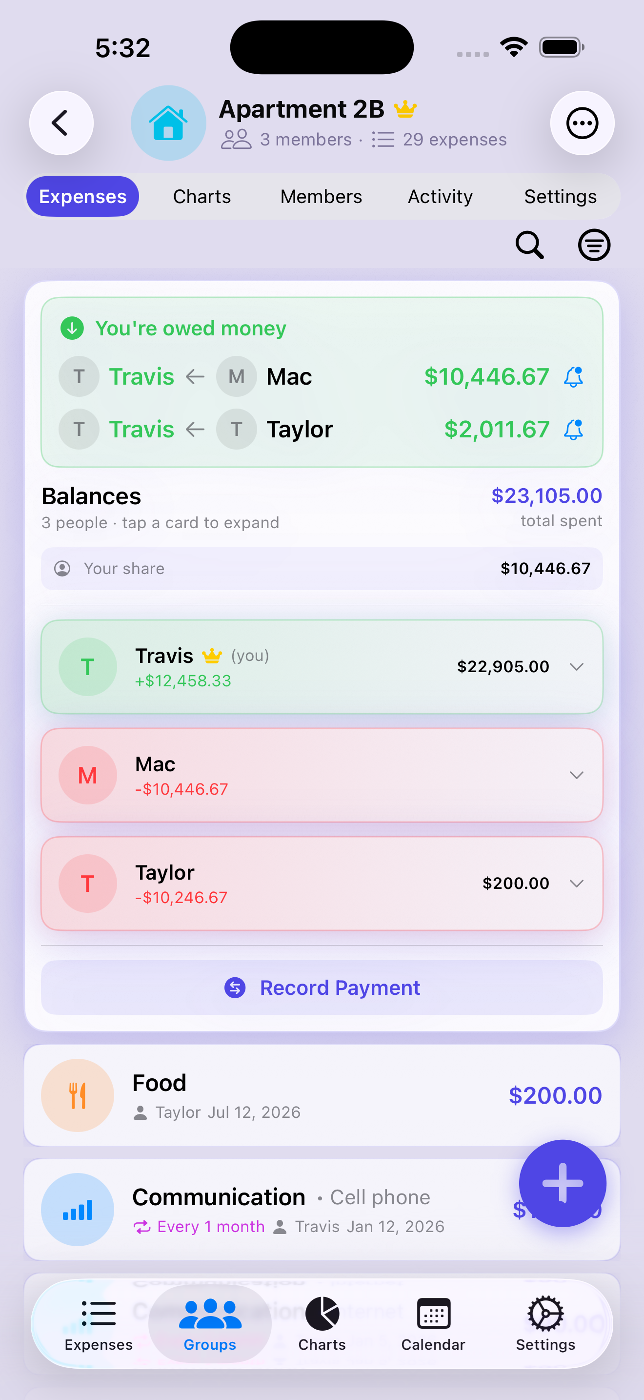 Apartment 2B group screen — who owes money with reminder bells, running balances for three roommates, and an expense list showing a recurring monthly cell phone bill