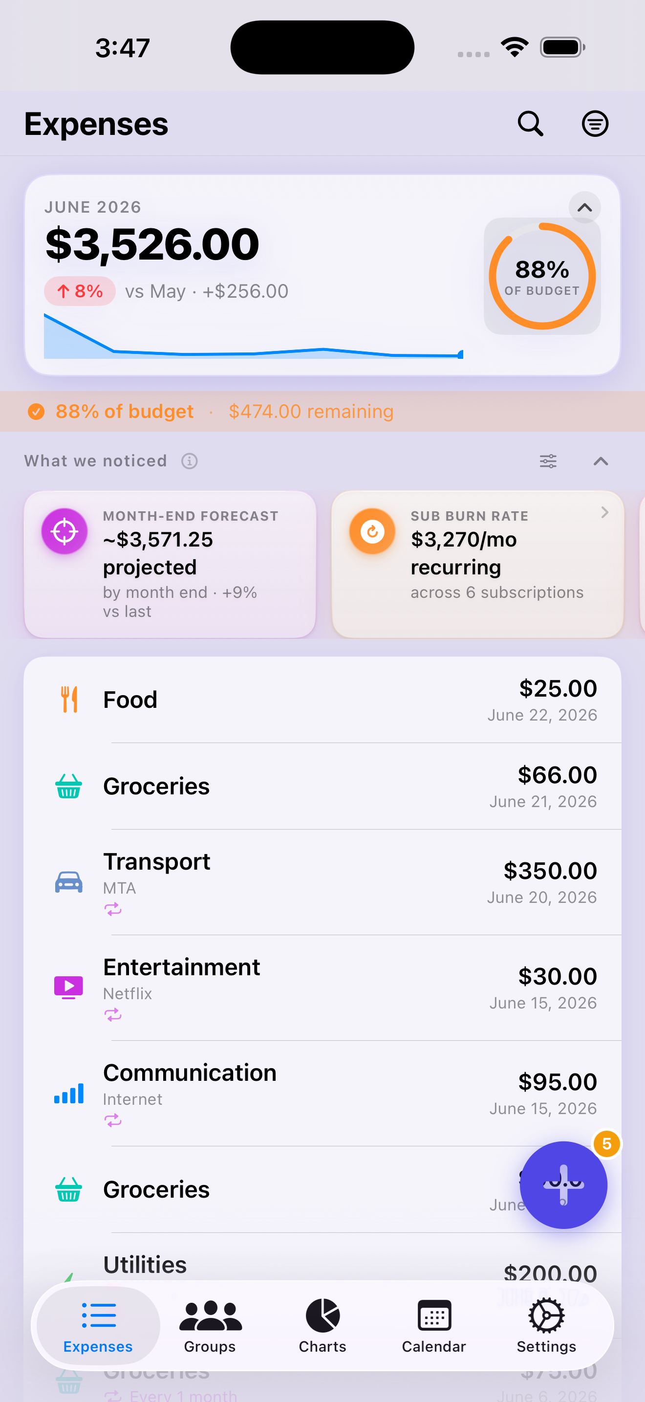 Personal expense list — solo spending sorted by category