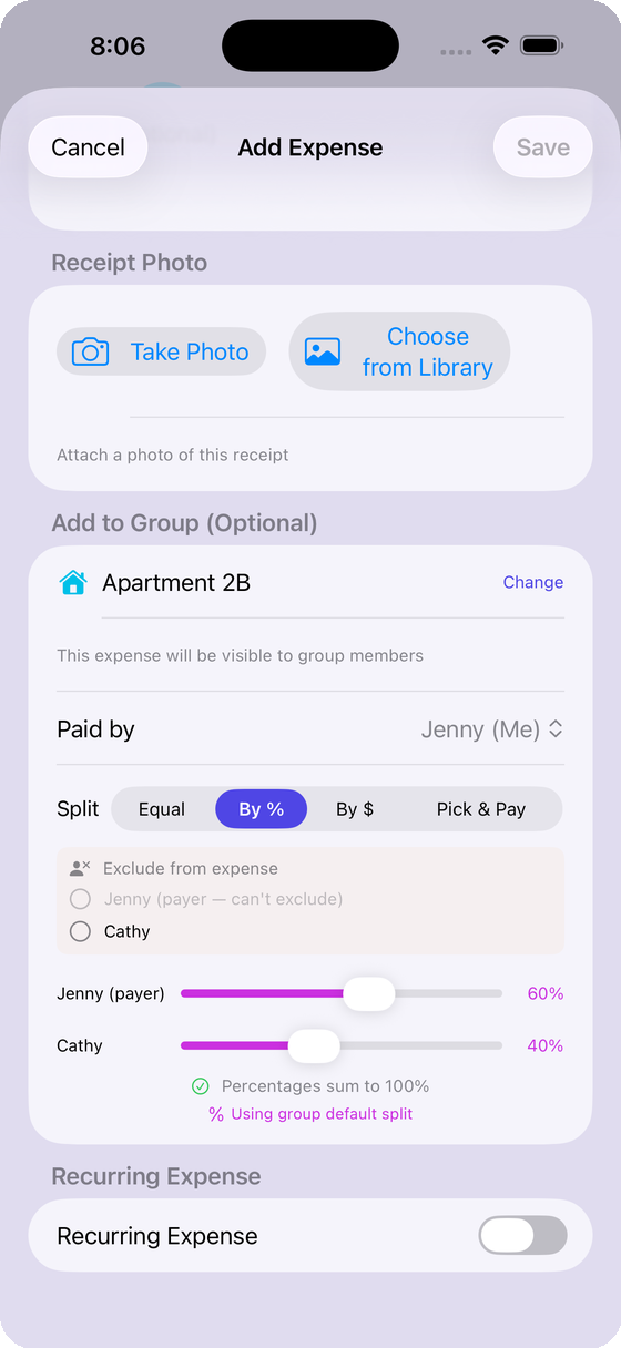 Flexible bill split screen