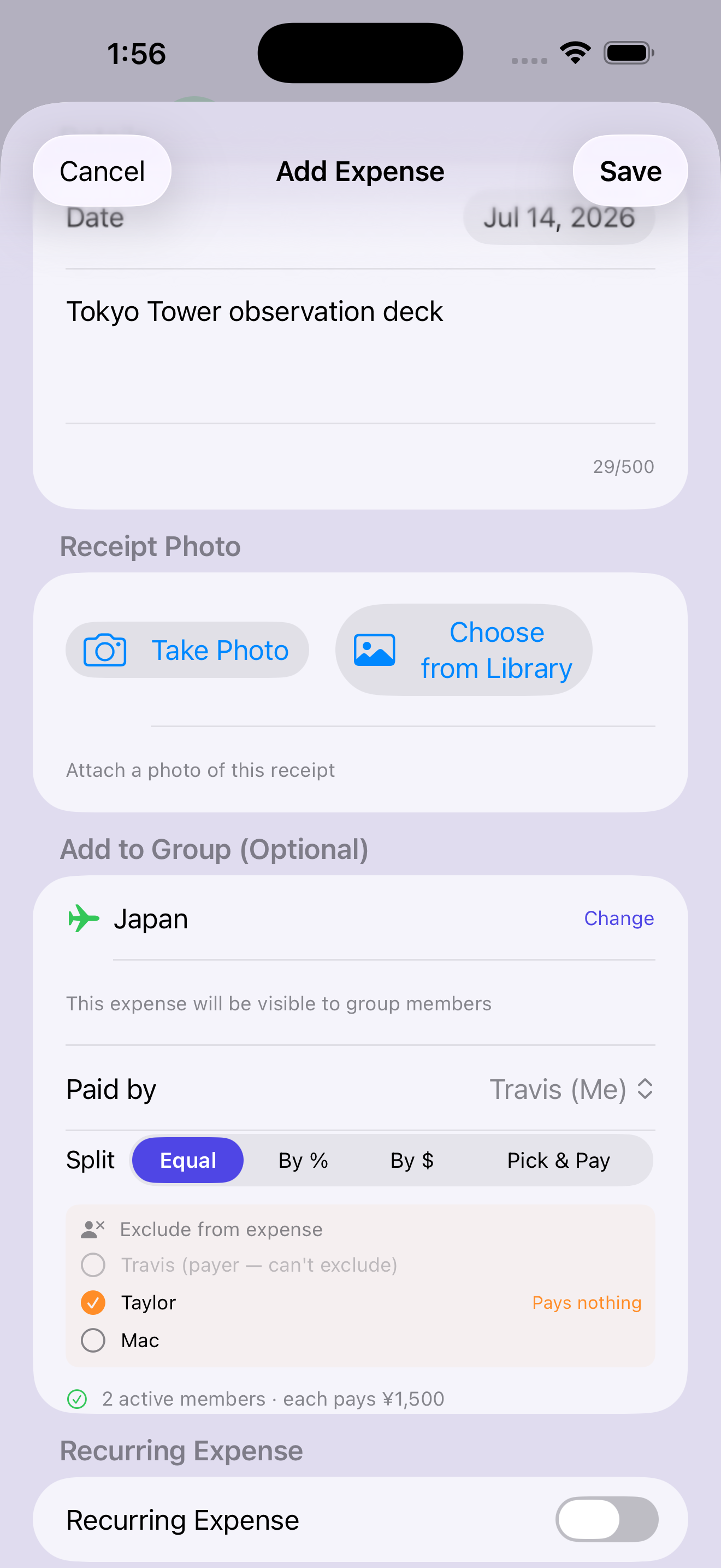 Add Expense screen for Tokyo Tower observation deck — Taylor excluded, cost split equally between the two remaining members