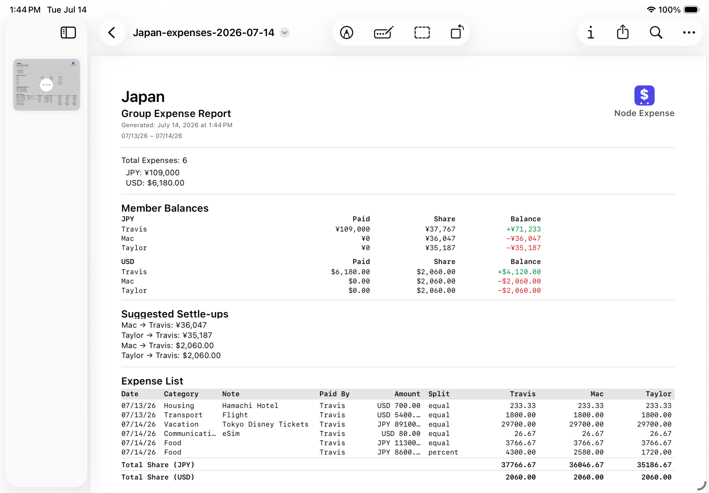 Japan Group Expense Report on iPad — member balances by currency, suggested settle-ups, and an itemized expense list